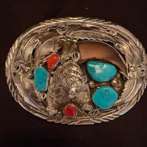 VTG NAVAJO STERLING TOUQUOISE AND CORAL BELT BUCKLE